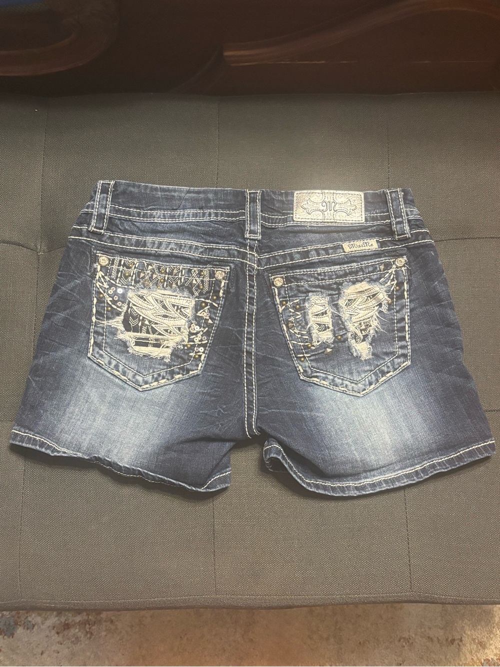 Miss Me Distressed Dark Blue Denim Shorts with Embellished Pockets size 27 - Picture 2 of 5